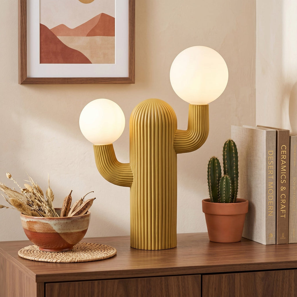 Fluted Cactus Table Lamp, Opal Glass Globes