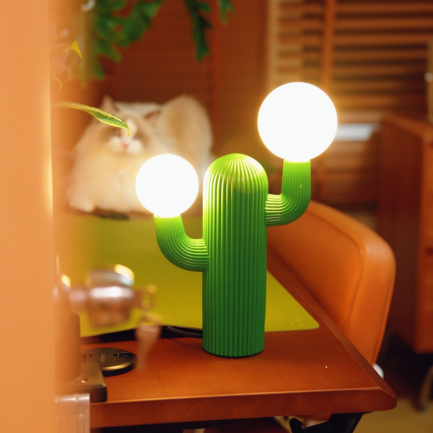 Fluted Cactus Table Lamp, Opal Glass Globes