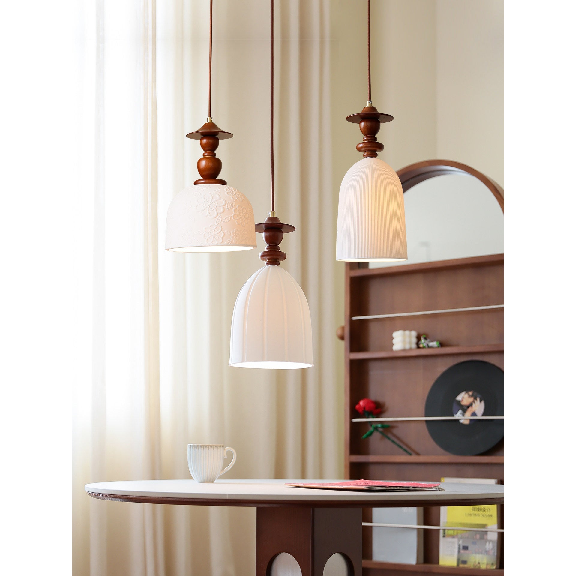 Fluted Ceramic Pendant Lamp, Wooden Neck