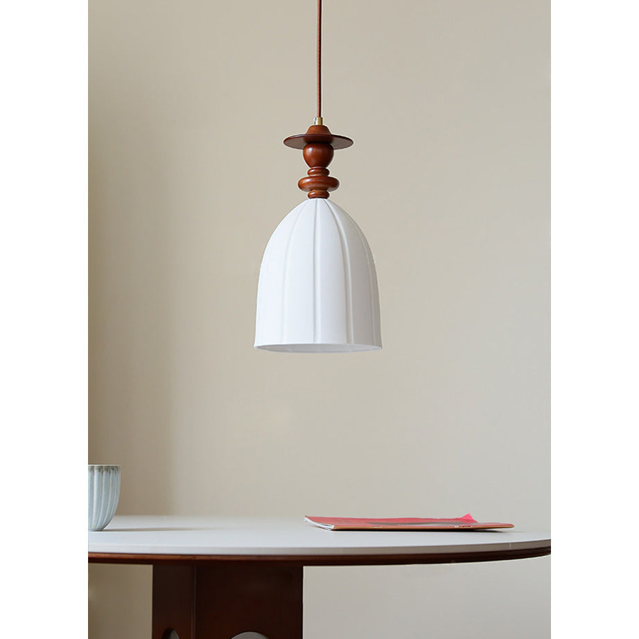 Fluted Ceramic Pendant Lamp, Wooden Neck