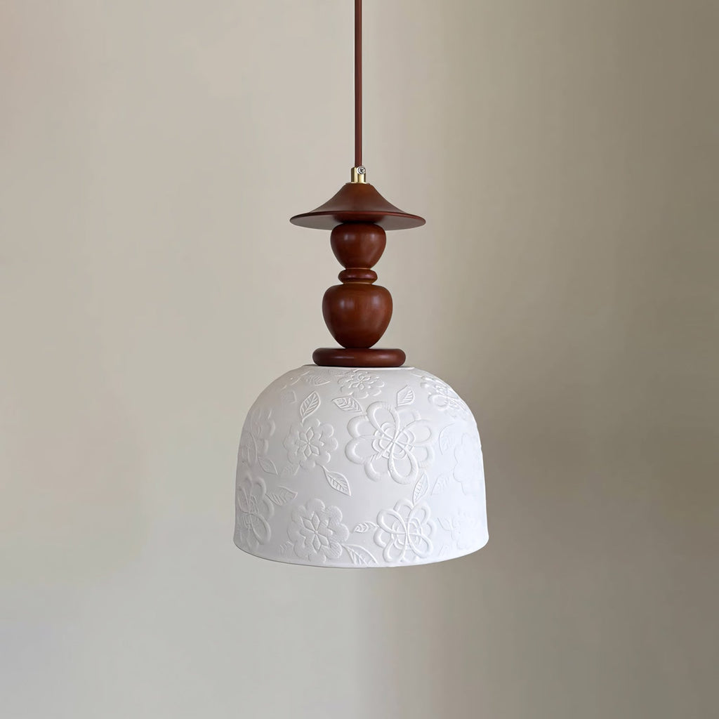 Fluted Ceramic Pendant Lamp, Wooden Neck