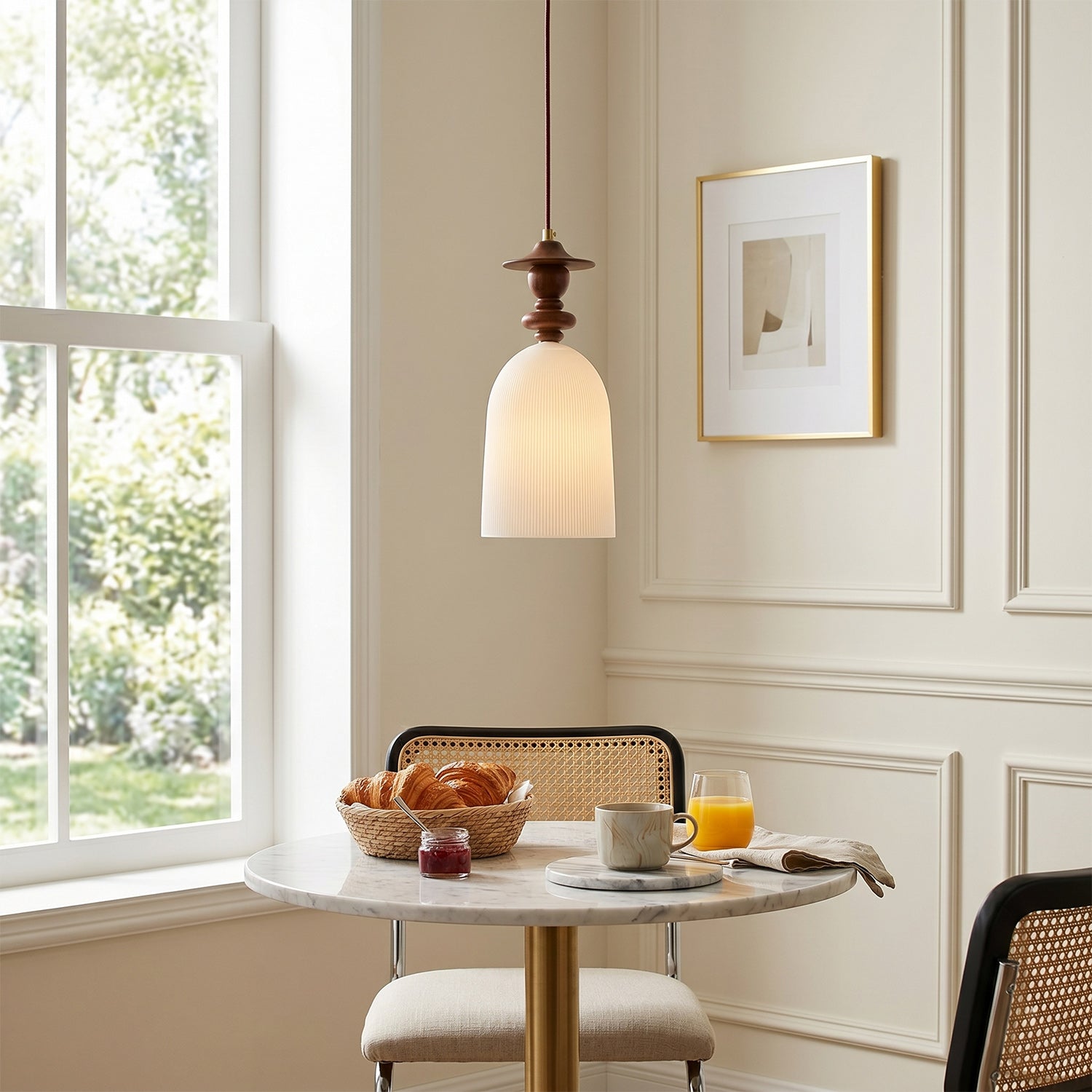 Fluted Ceramic Pendant Lamp, Wooden Neck