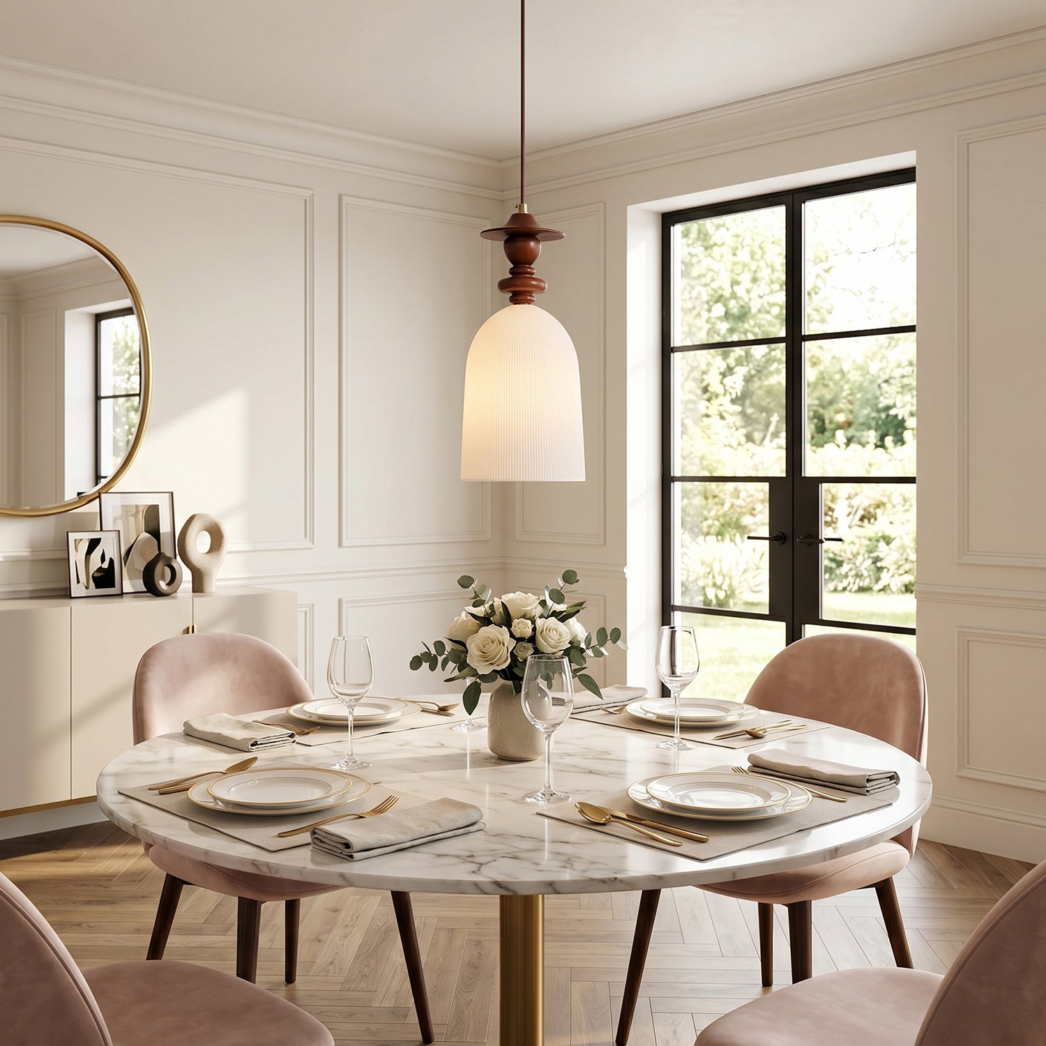 Fluted Ceramic Pendant Lamp, Wooden Neck