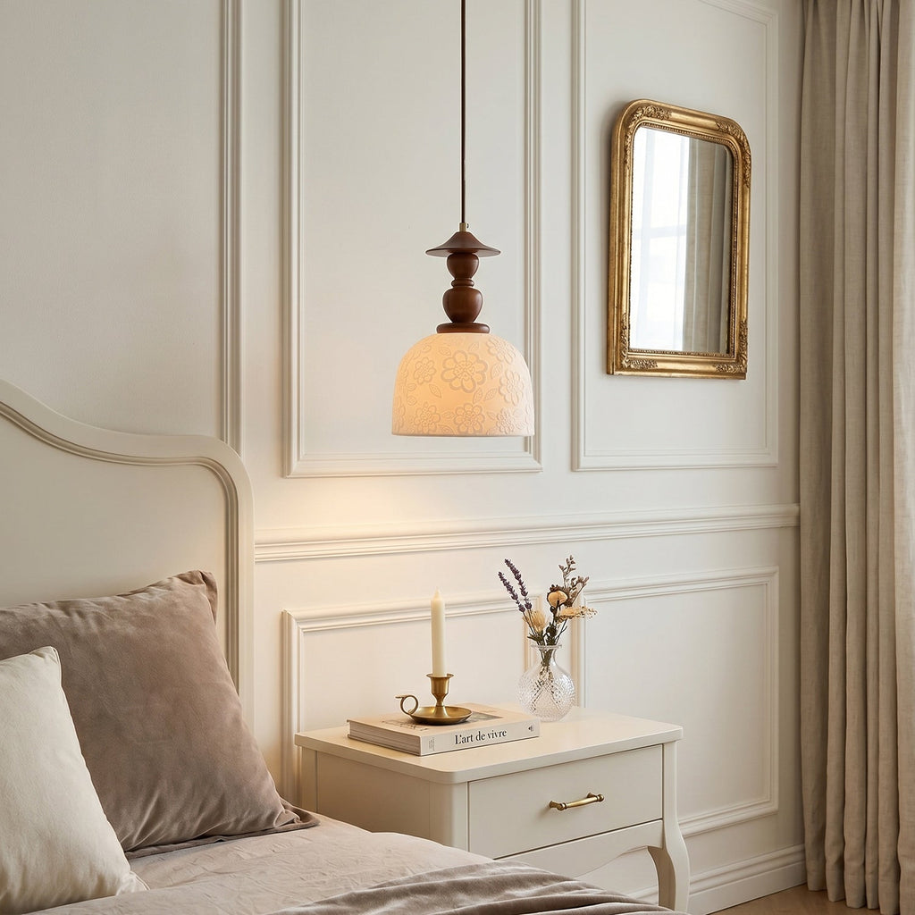 Fluted Ceramic Pendant Lamp, Wooden Neck