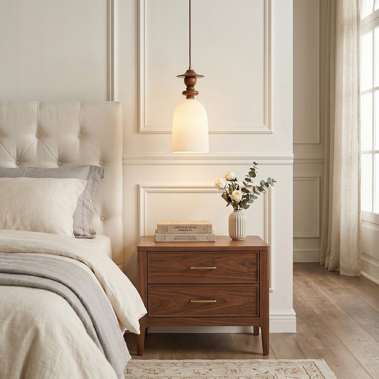 Fluted Ceramic Pendant Lamp, Wooden Neck