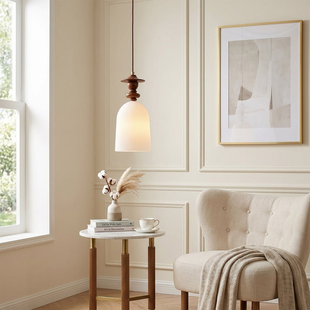 Fluted Ceramic Pendant Lamp, Wooden Neck