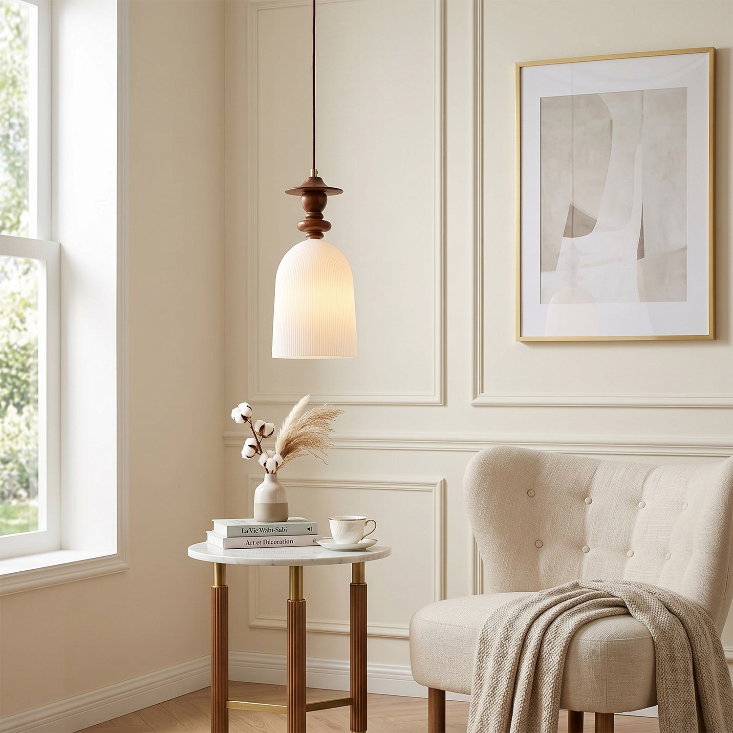 Fluted Ceramic Pendant Lamp, Wooden Neck