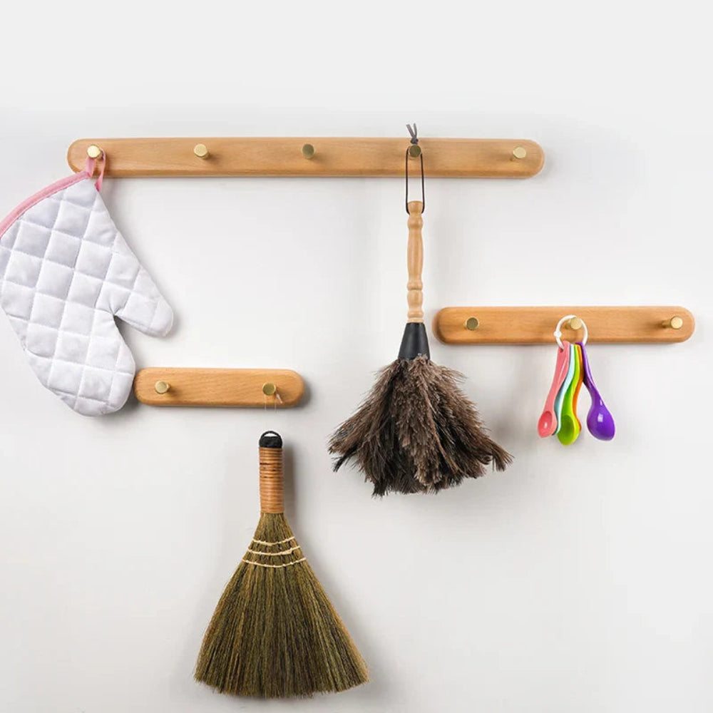 Stylish Wooden Wall Hooks with Brass Accents – Coat Hooks for Wall, Space-Saving Organizer