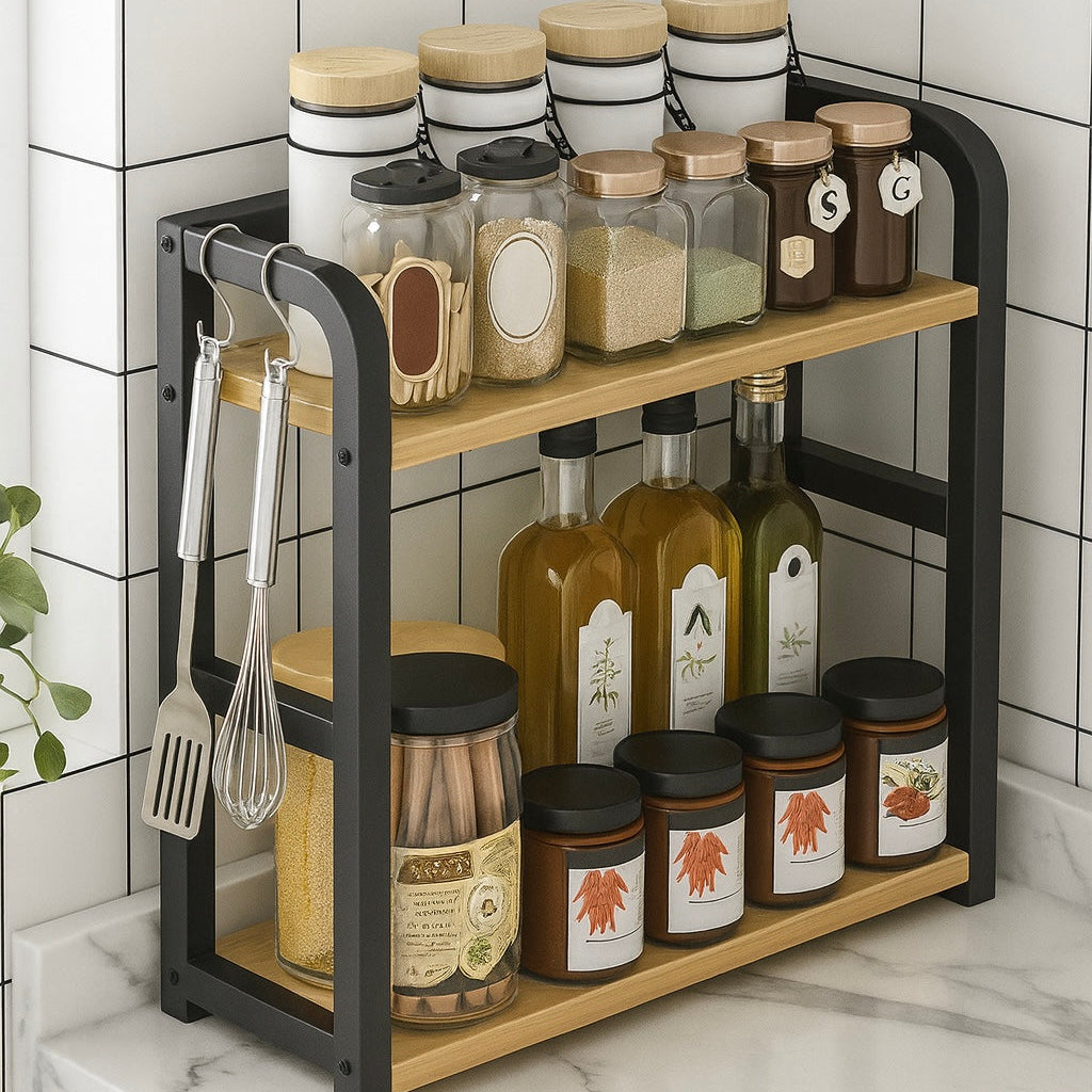 2 Tier Spice Organizer Rack for Kitchen Counter – Black Metal Frame with Wooden Shelves, Space Saving Spice Storage