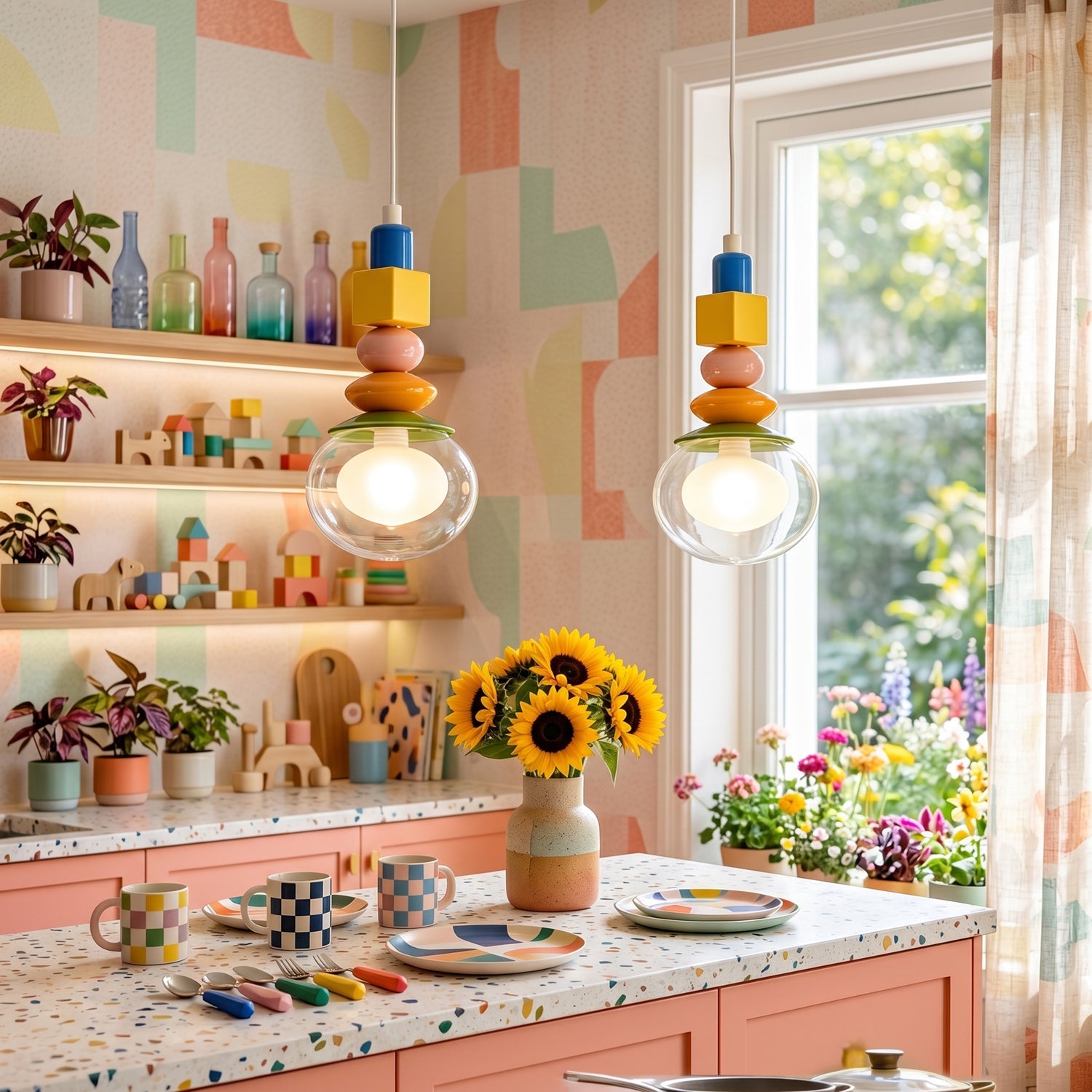 Stacked Geometric Glass Pendant Light, Colorful