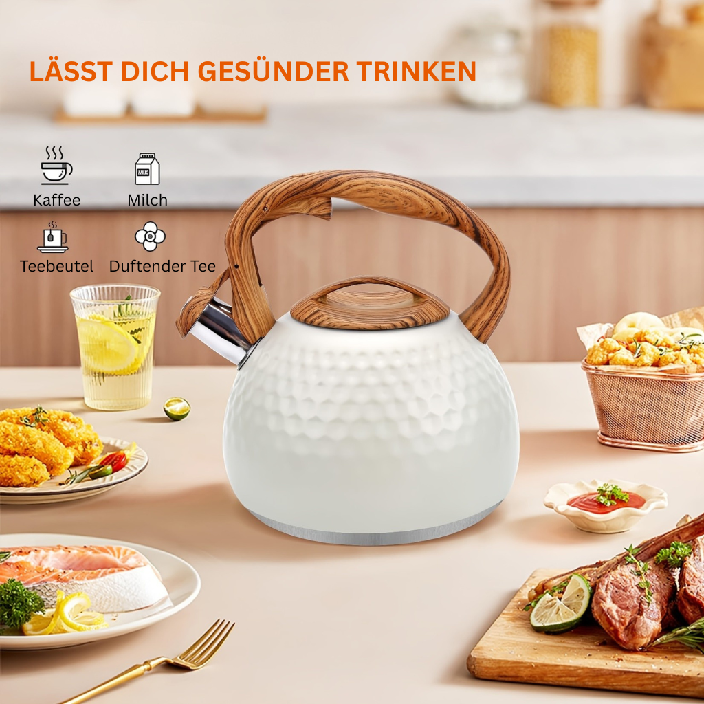 Steel Whisper: Large Stainless Steel Kettle with Whistle & Classic Wood Design – for Kitchen & Camping