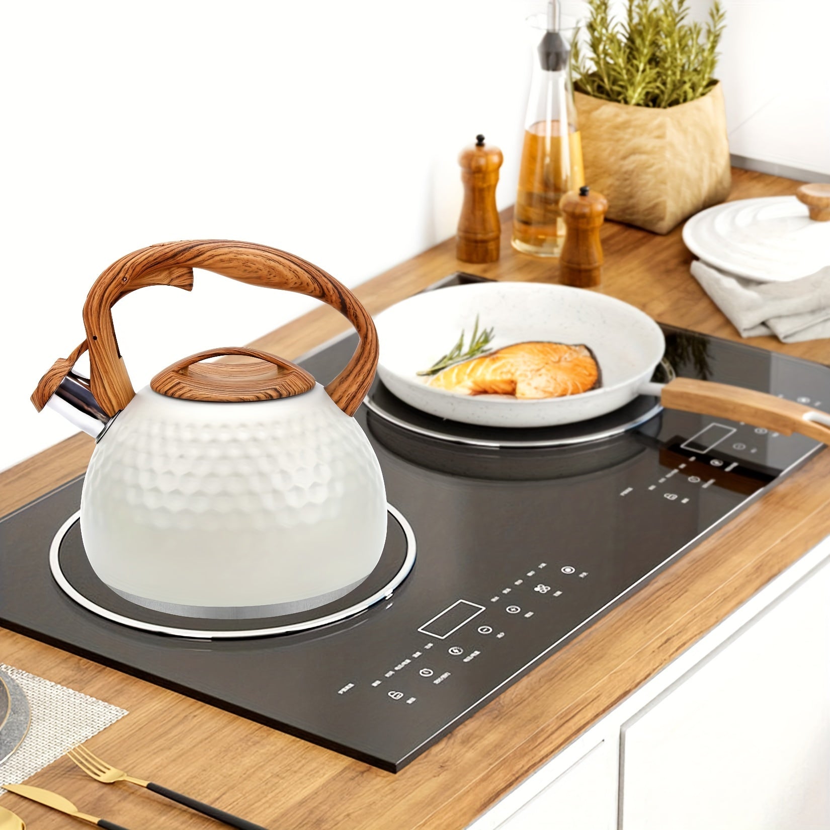 Steel Whisper: Large Stainless Steel Kettle with Whistle & Classic Wood Design – for Kitchen & Camping
