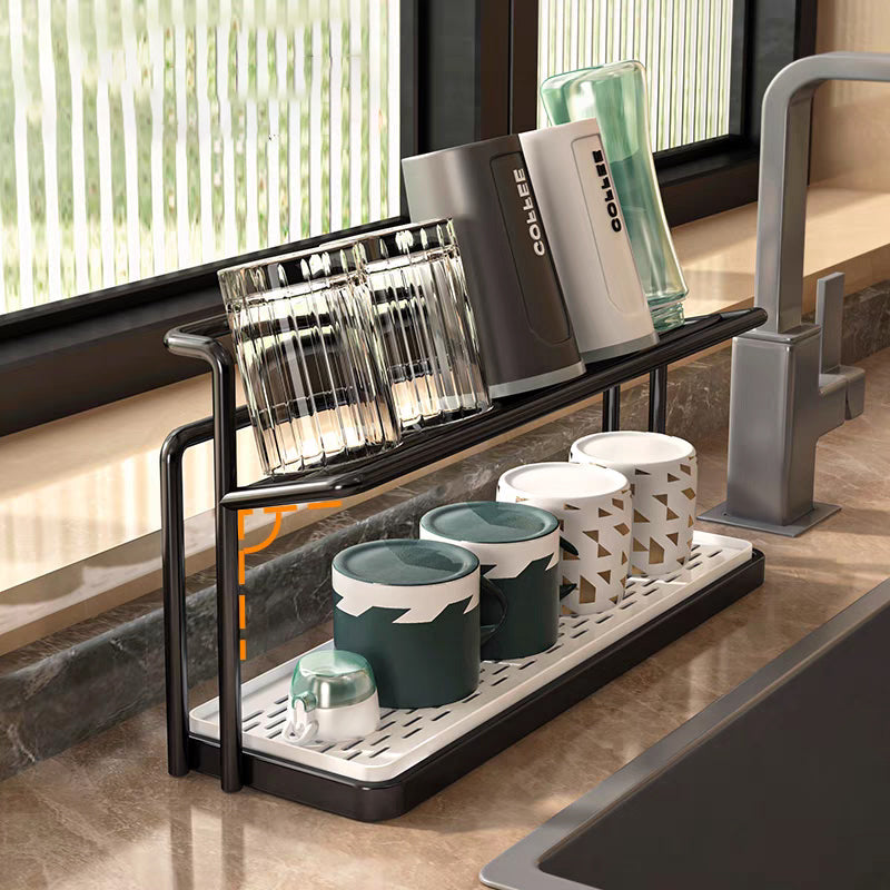 Kitchen Bottle Drying Rack 2 Tier Carbon Steel with Removable Drain Tray