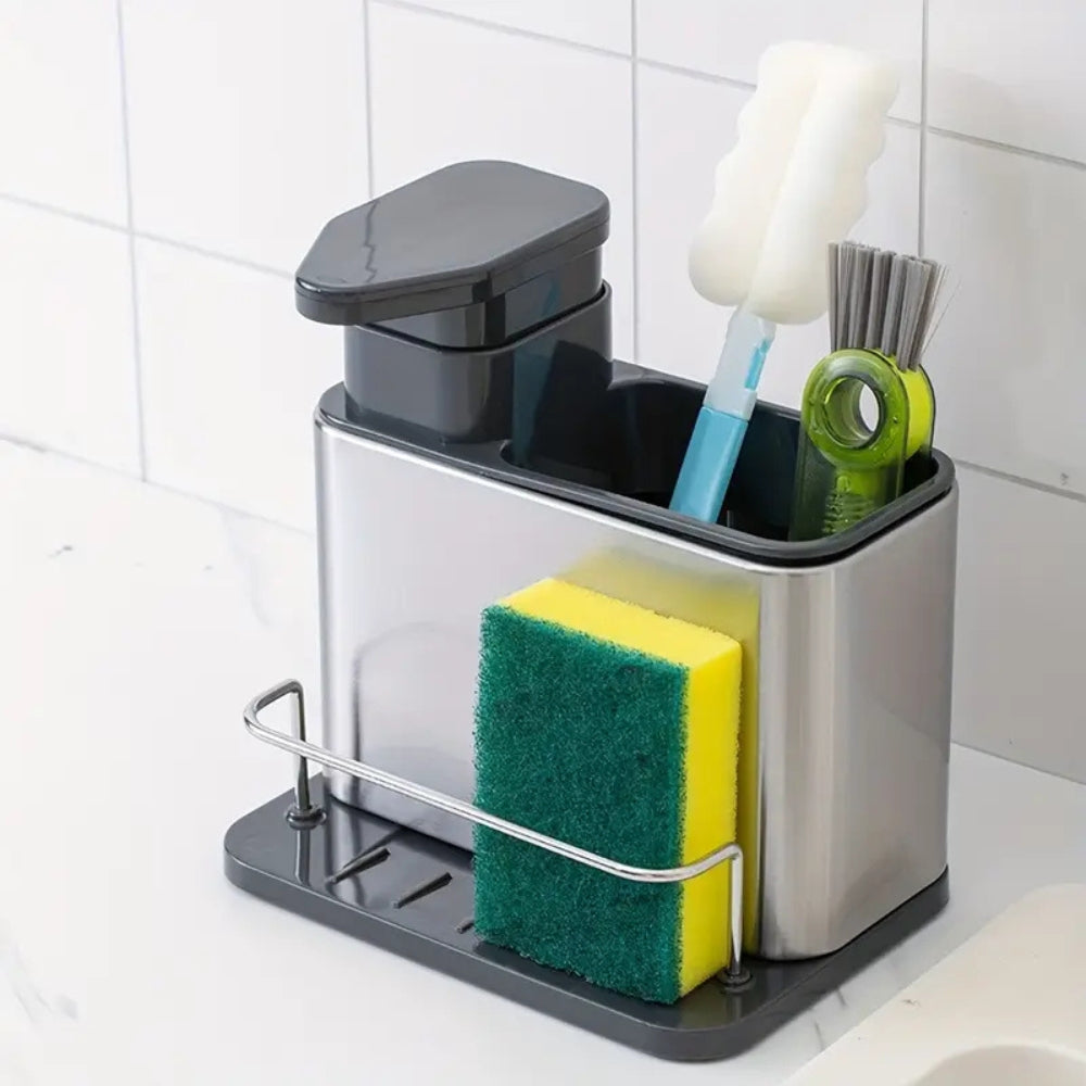 Dish Soap Dispenser Caddy, Stainless Steel, Integrated Pump, Drain Tray