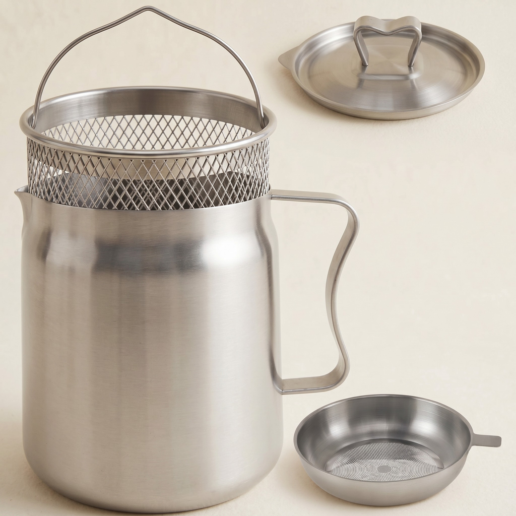 Oil Filter Pot, Removable Fry Basket, Fine Mesh Strainer, Pour Spout