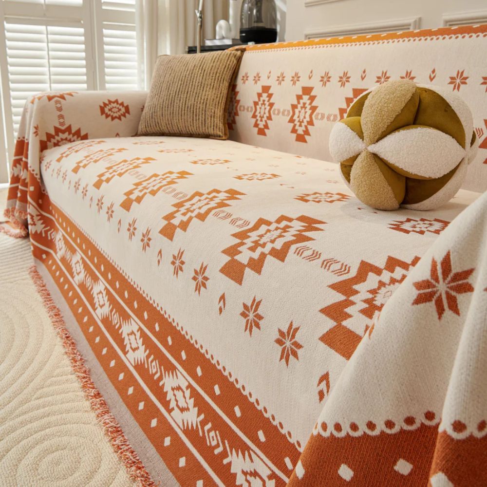 Tribal Harmony: Sofa Cover in Soft Chenille with Reversible Boho-Tribal Pattern – for Sofa & Living Room
