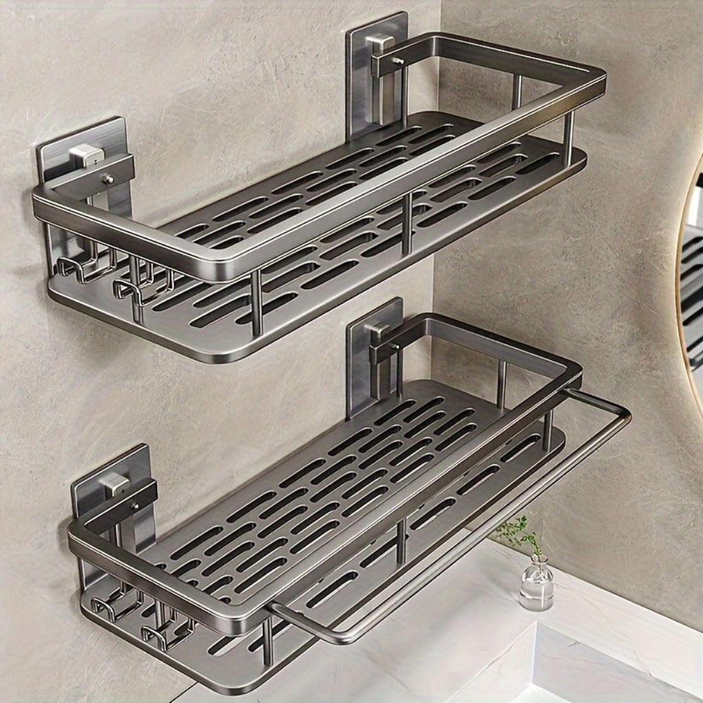 StarkerZwilling: Wall Shelves for Bathroom – Modern Double Shelf Made of Space Aluminum, Sturdy & Decorative for Cosmetics & Shower Gel