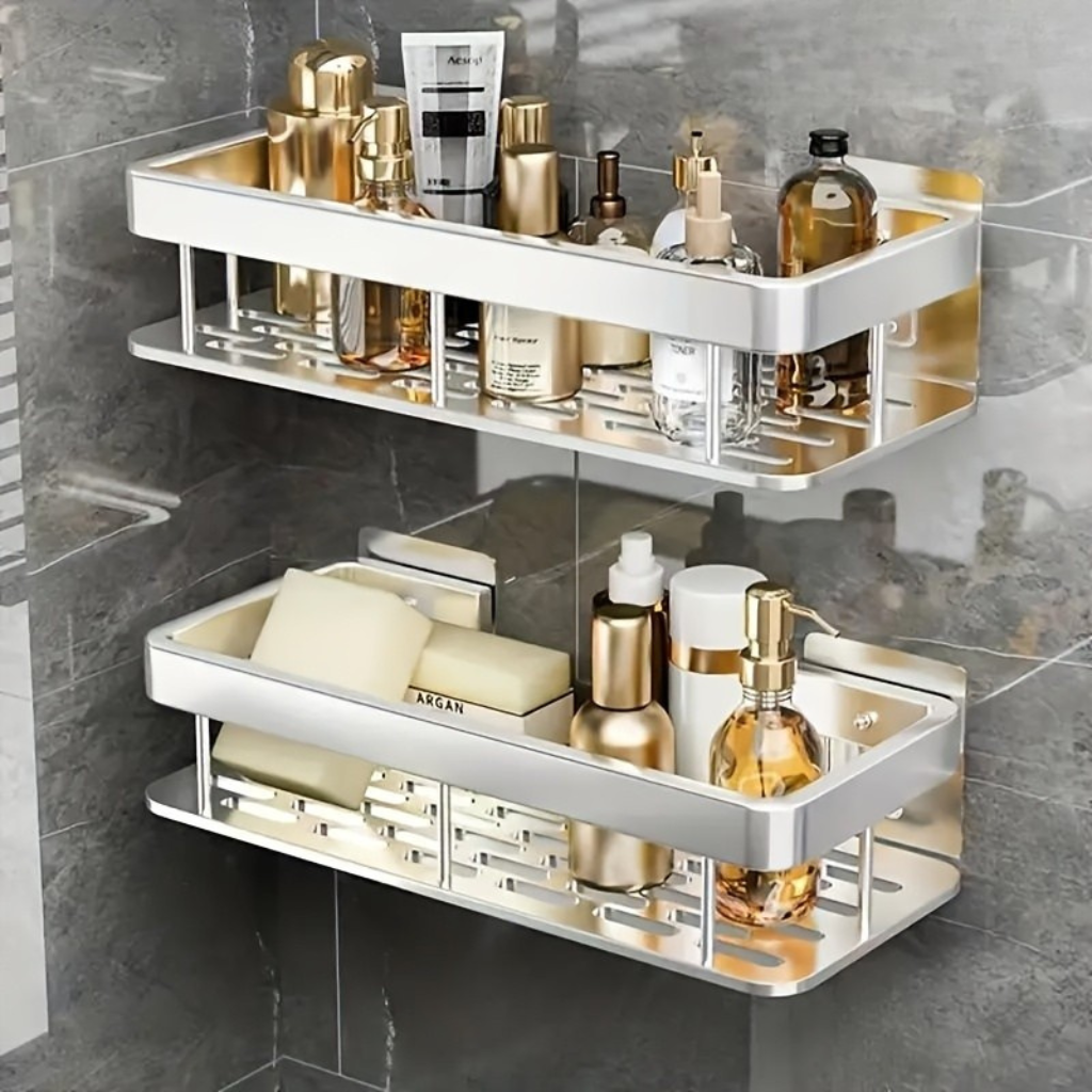 StarkerZwilling: Wall Shelves for Bathroom – Modern Double Shelf Made of Space Aluminum, Sturdy & Decorative for Cosmetics & Shower Gel