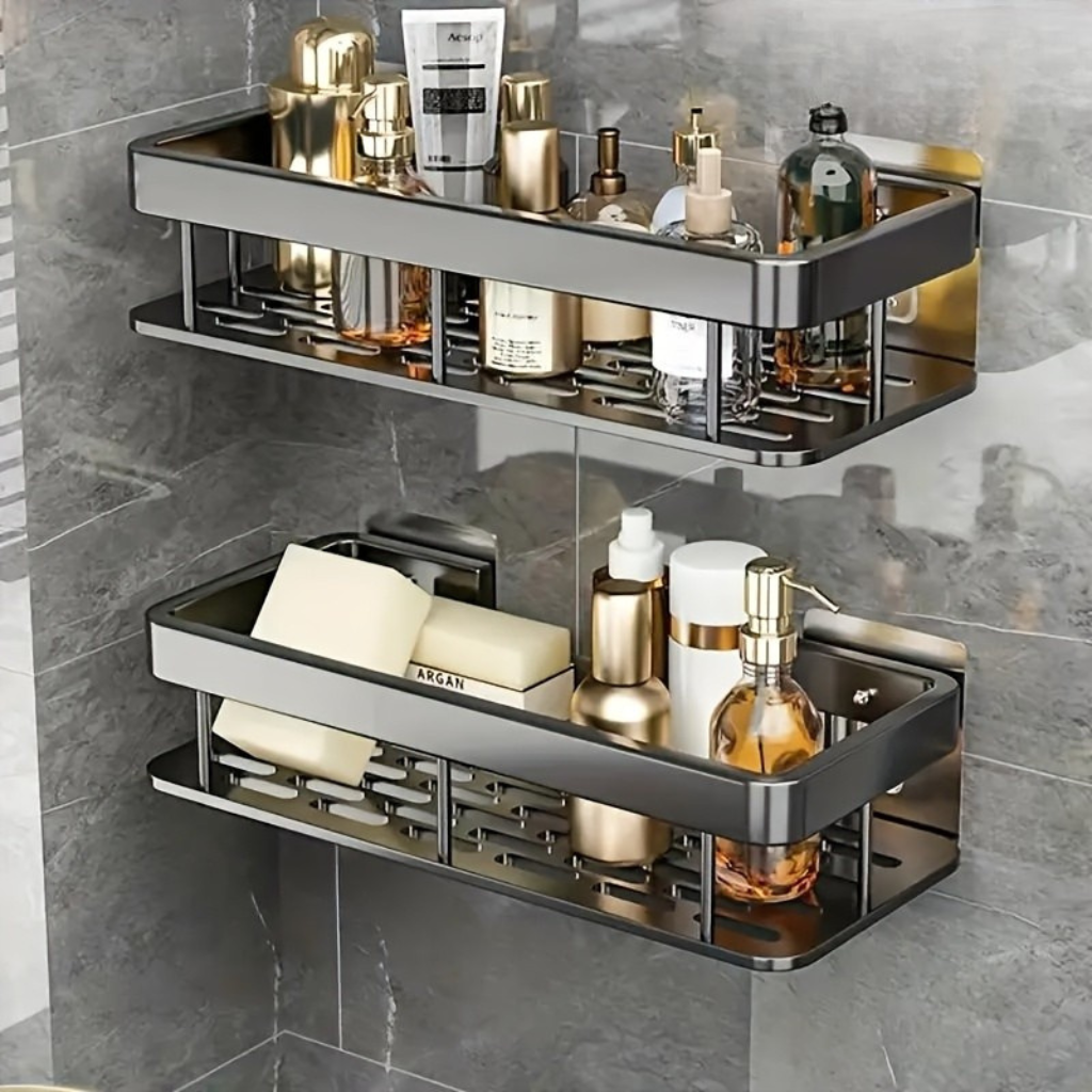 StarkerZwilling: Wall Shelves for Bathroom – Modern Double Shelf Made of Space Aluminum, Sturdy & Decorative for Cosmetics & Shower Gel