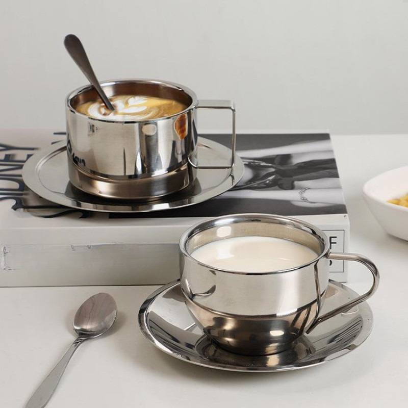 Steel Coffee Set Stainless Steel Double Wall Cup with Saucer