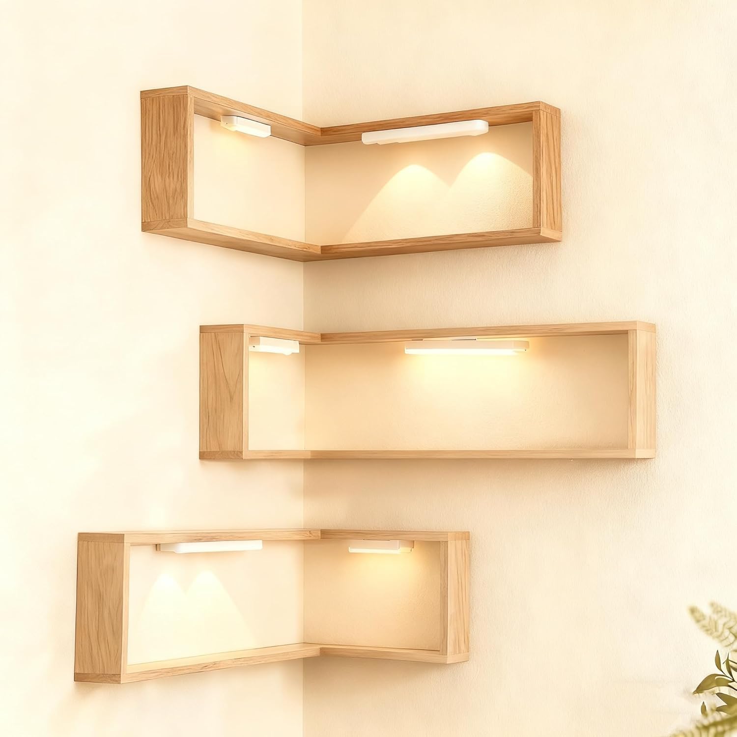 StilEcke: Decorative Wall Shelves – 3 Pieces, Multifunctional & Floating made of Wood with Lighting Function for Living Room