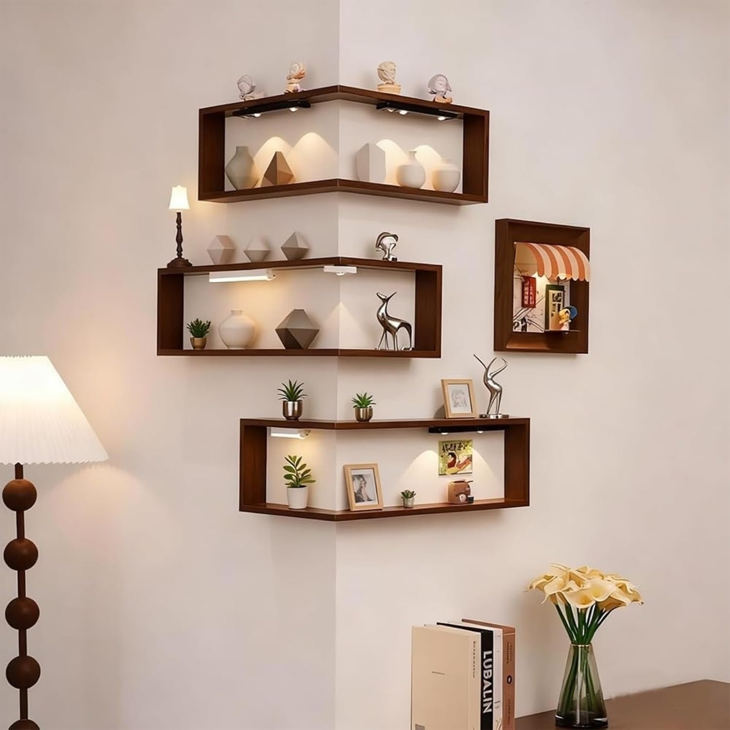 StilEcke: Decorative Wall Shelves – 3 Pieces, Multifunctional & Floating made of Wood with Lighting Function for Living Room