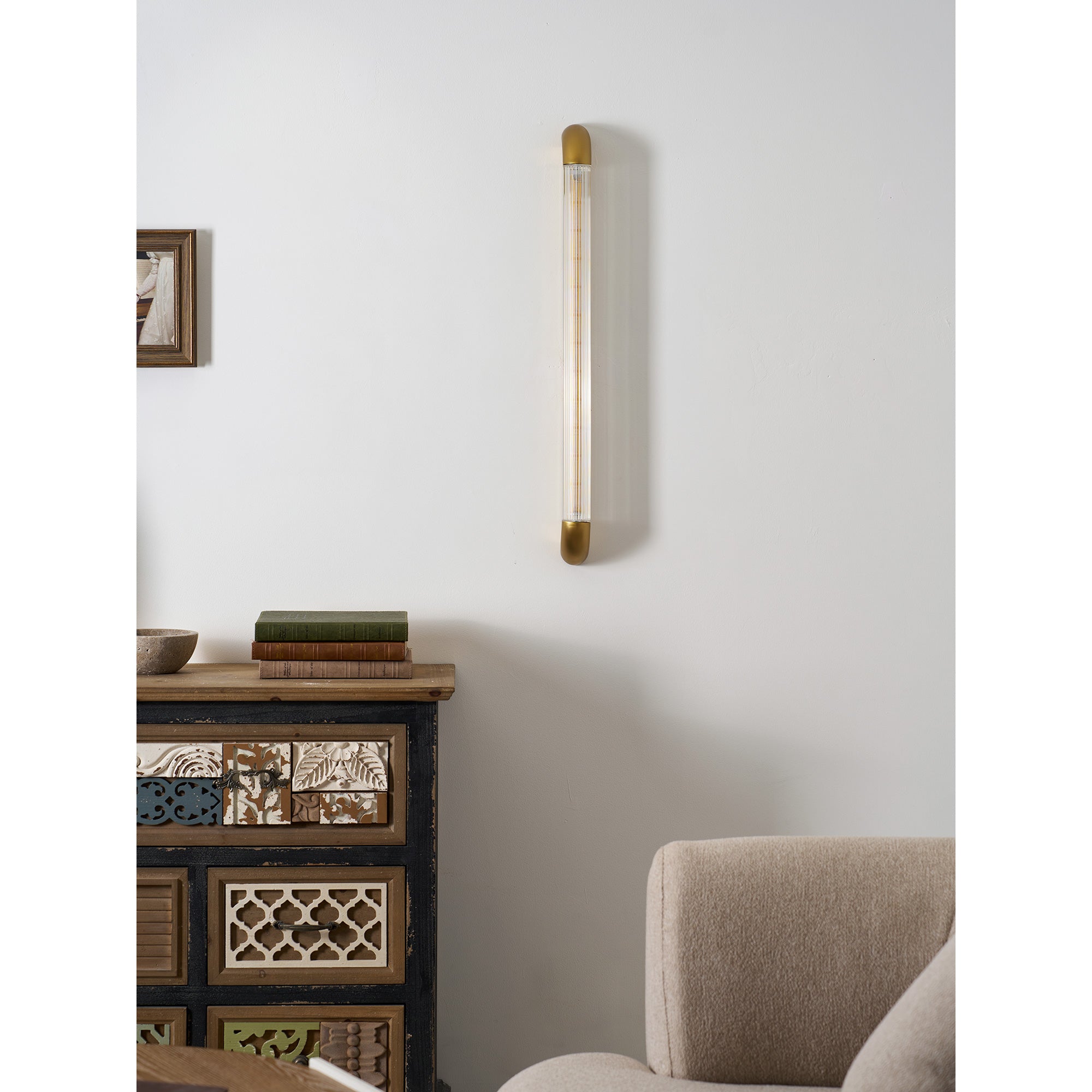 Reeded Glass Tube Wall Light, Curved Steel Accents