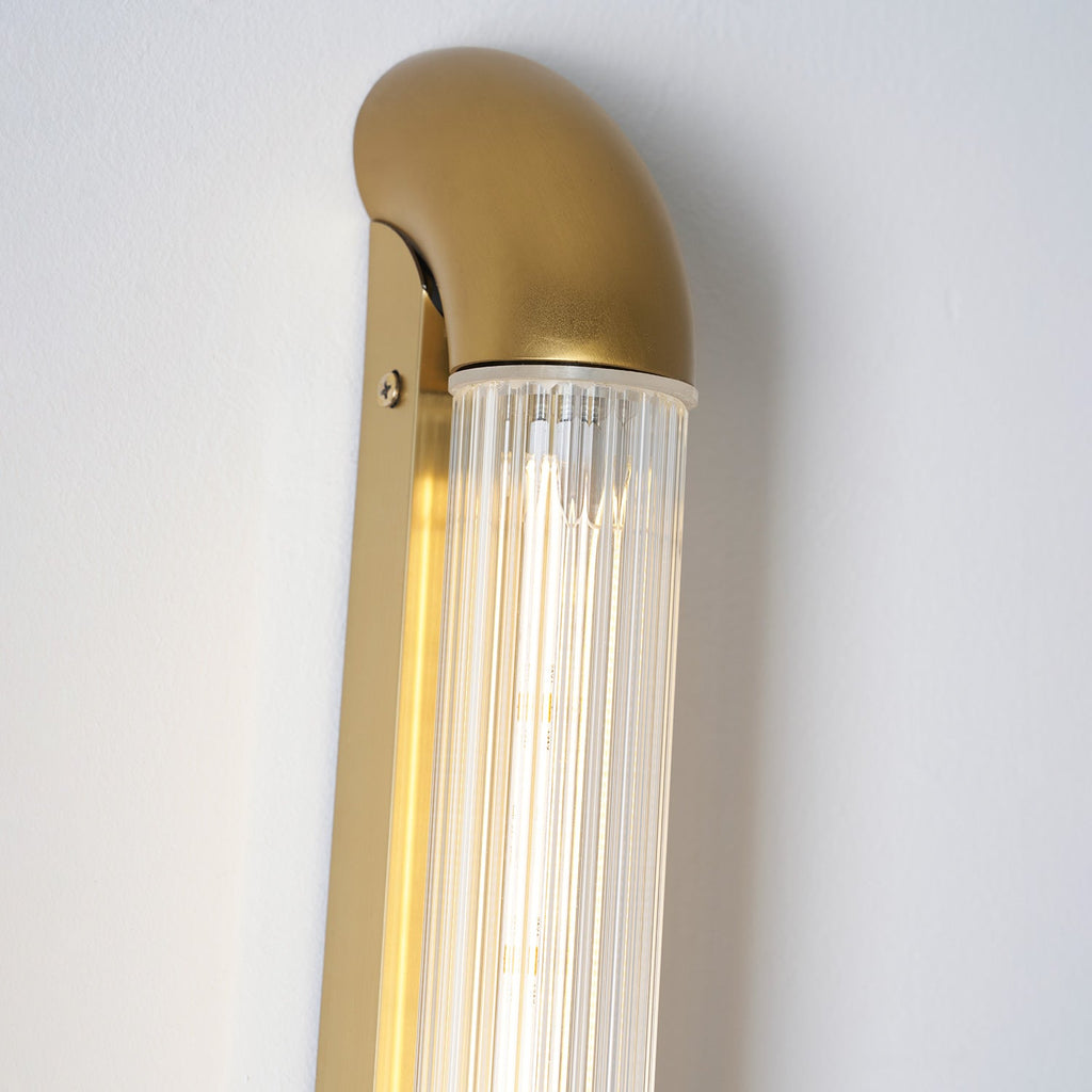 Reeded Glass Tube Wall Light, Curved Steel Accents