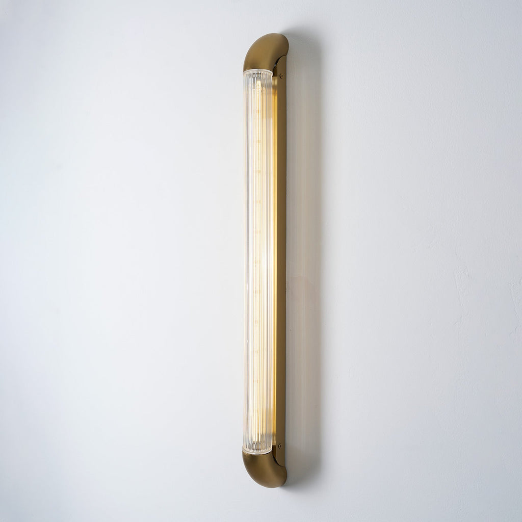 Reeded Glass Tube Wall Light, Curved Steel Accents