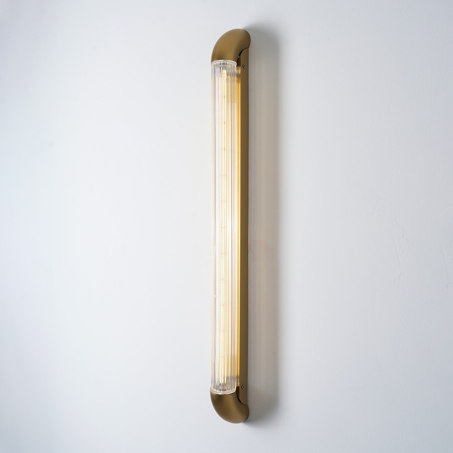 Reeded Glass Tube Wall Light, Curved Steel Accents