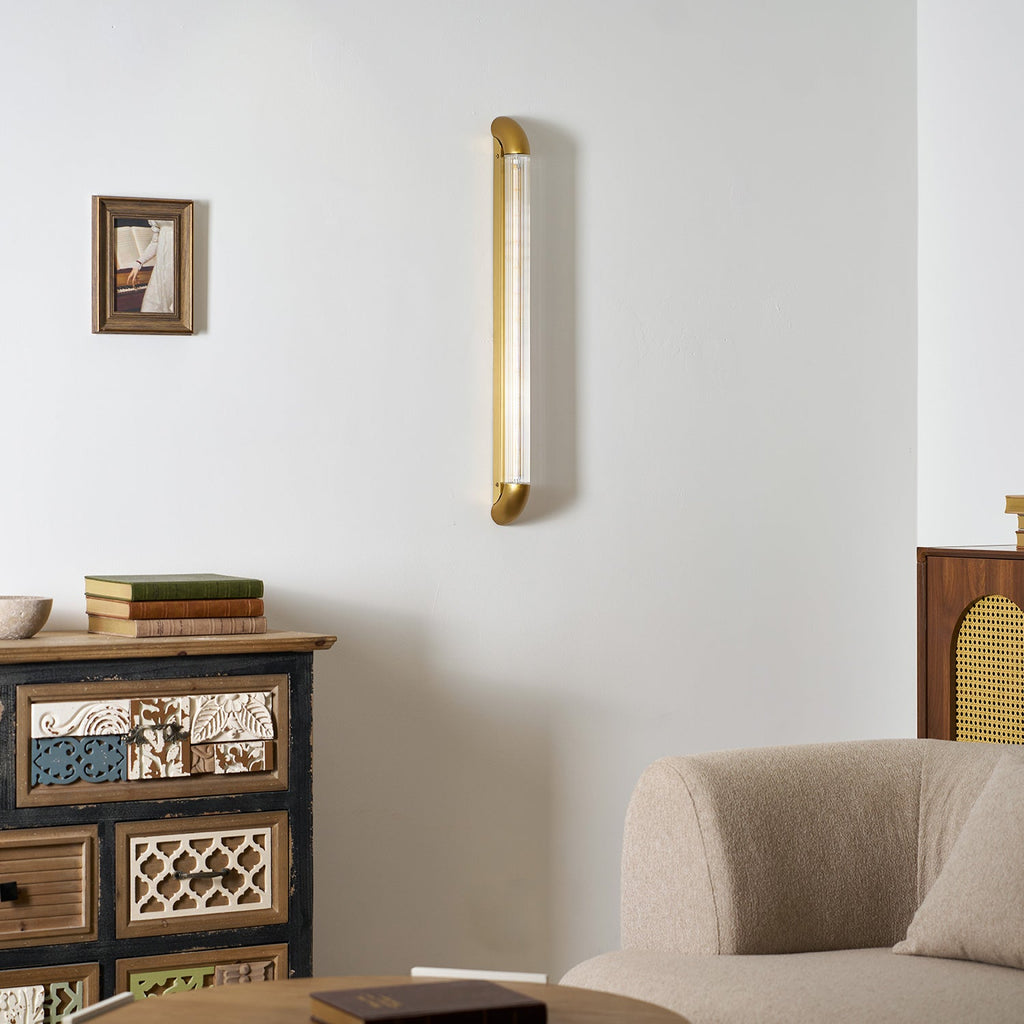Reeded Glass Tube Wall Light, Curved Steel Accents
