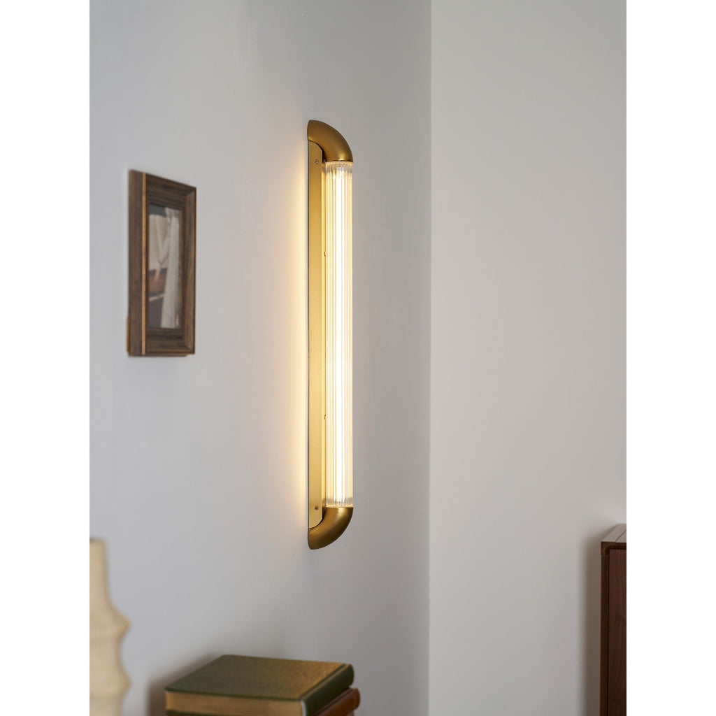 Reeded Glass Tube Wall Light, Curved Steel Accents