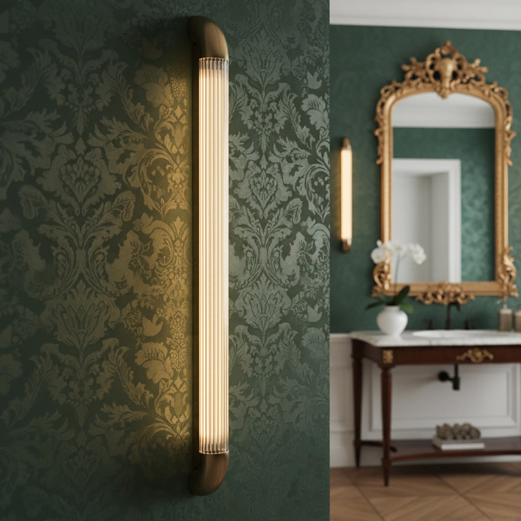 Reeded Glass Tube Wall Light, Curved Steel Accents