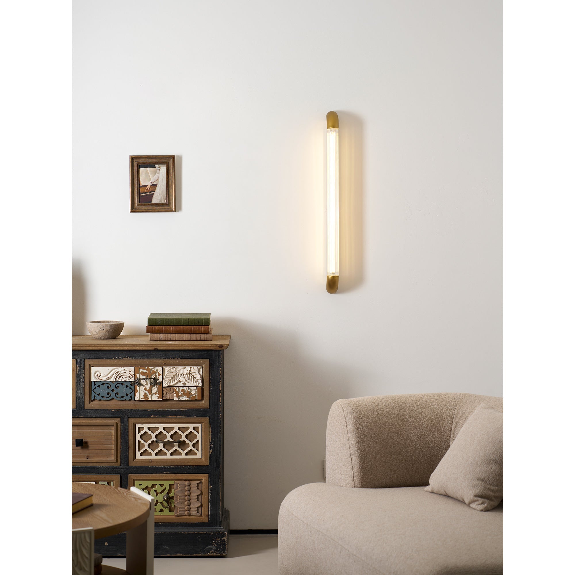 Reeded Glass Tube Wall Light, Curved Steel Accents