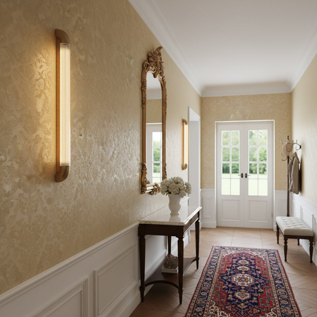 Reeded Glass Tube Wall Light, Curved Steel Accents