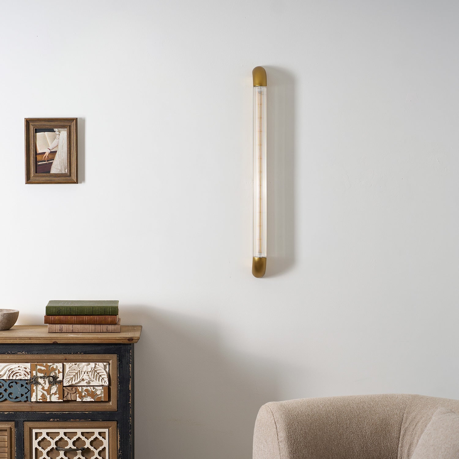 Reeded Glass Tube Wall Light, Curved Steel Accents