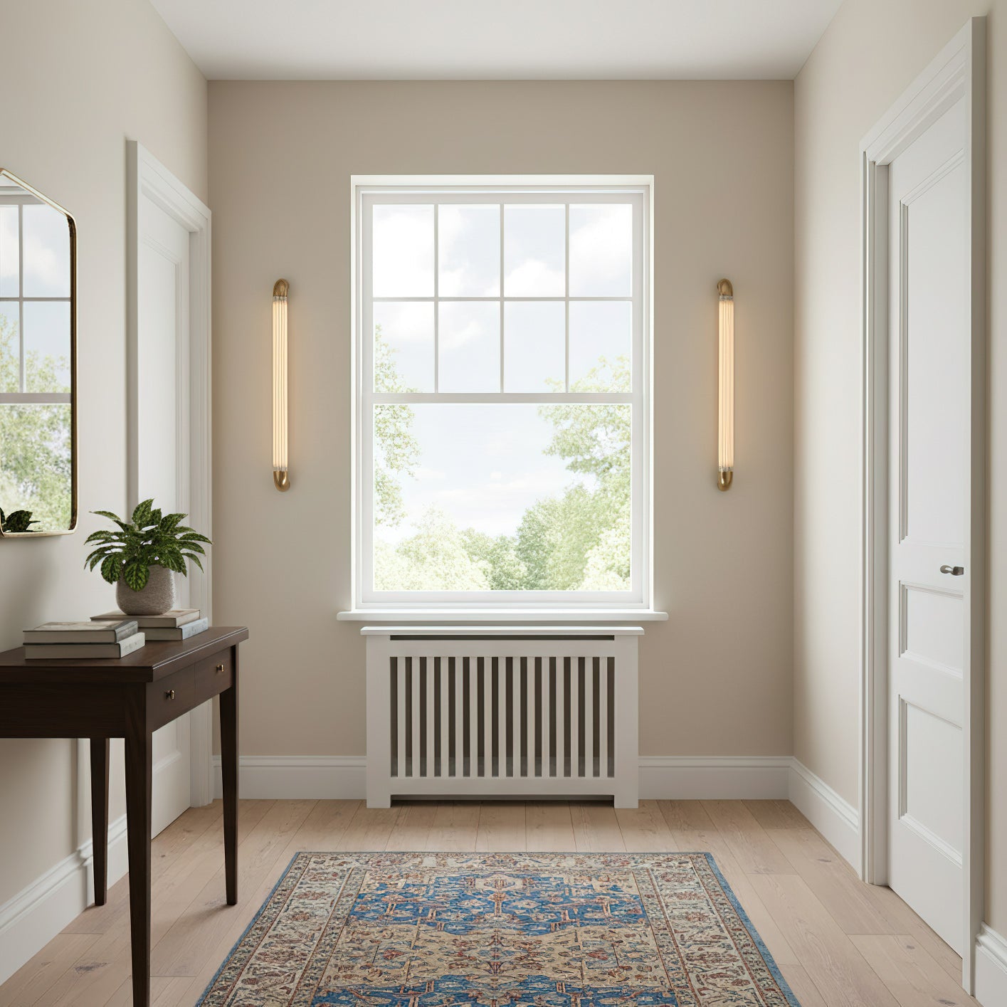 Reeded Glass Tube Wall Light, Curved Steel Accents
