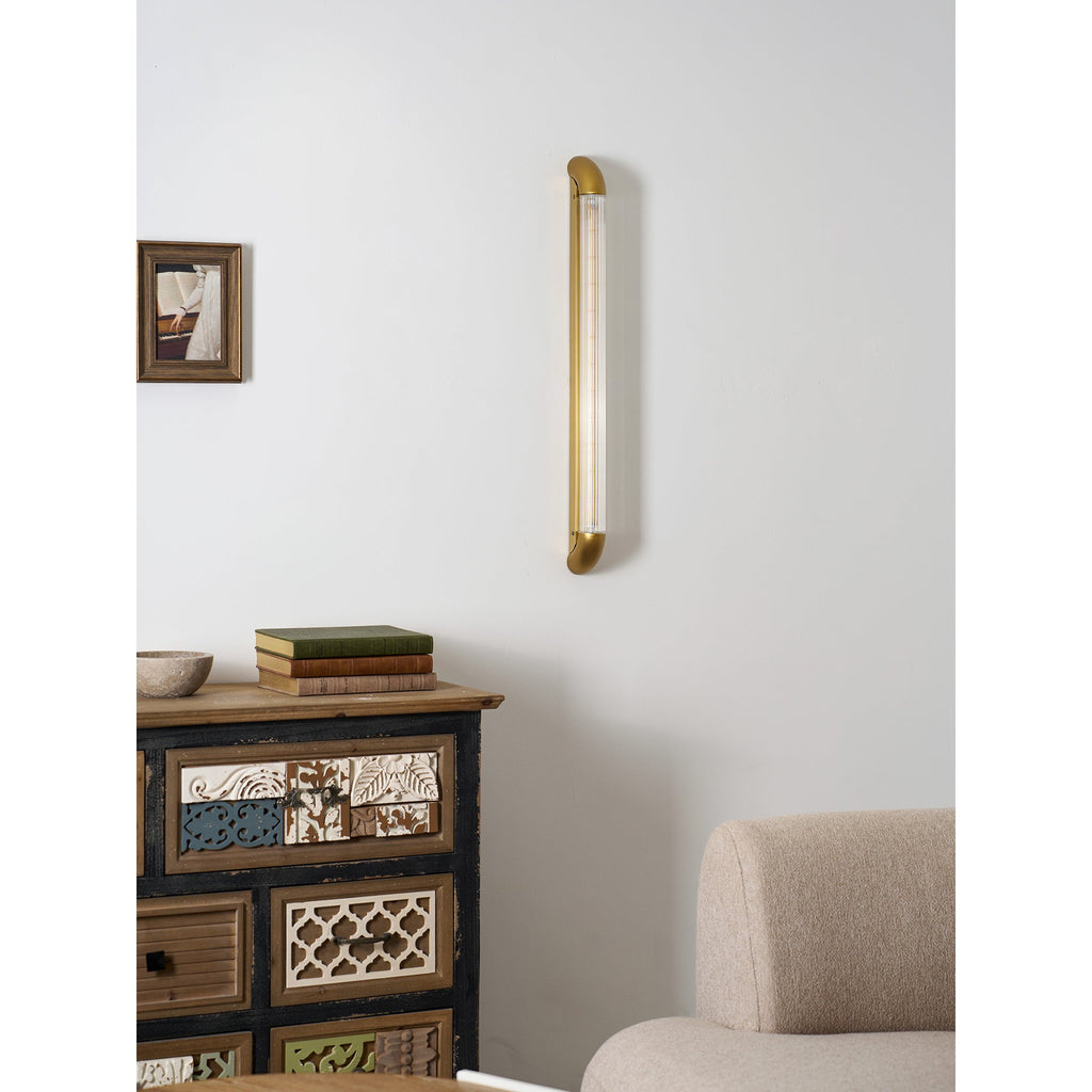 Reeded Glass Tube Wall Light, Curved Steel Accents