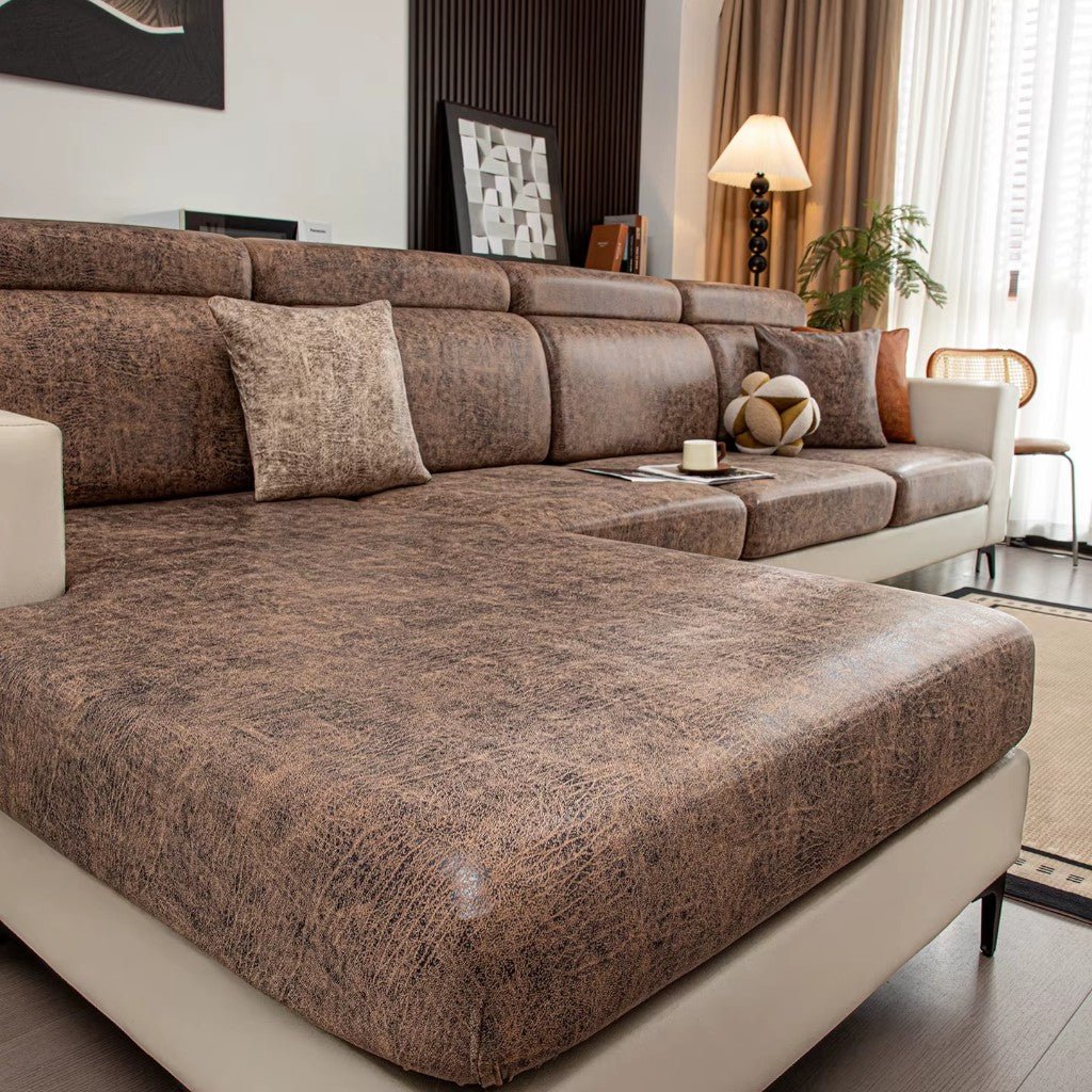 Sectional Sofa Cushion Slipcover, Vintage Leather Look, Four-Way Stretch, Hand Washable