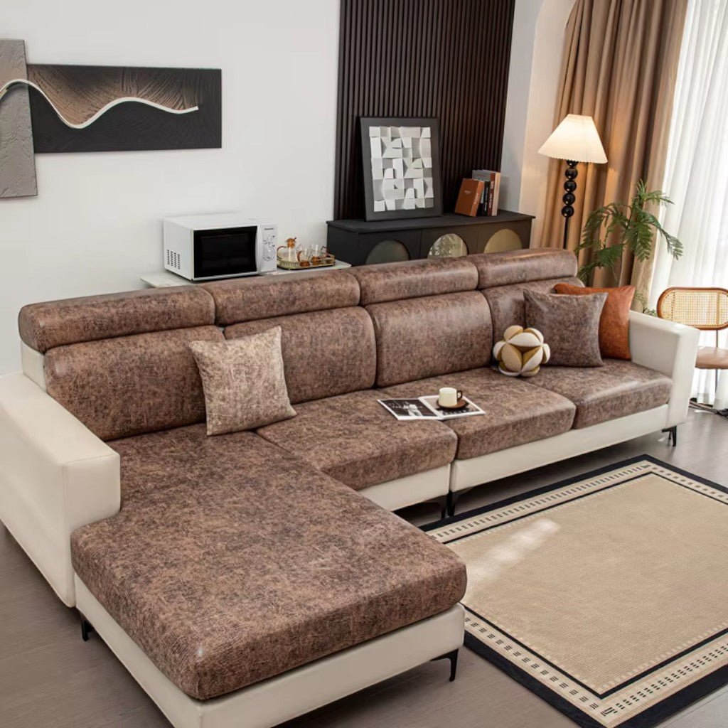 Sectional Sofa Cushion Slipcover, Vintage Leather Look, Four-Way Stretch, Hand Washable