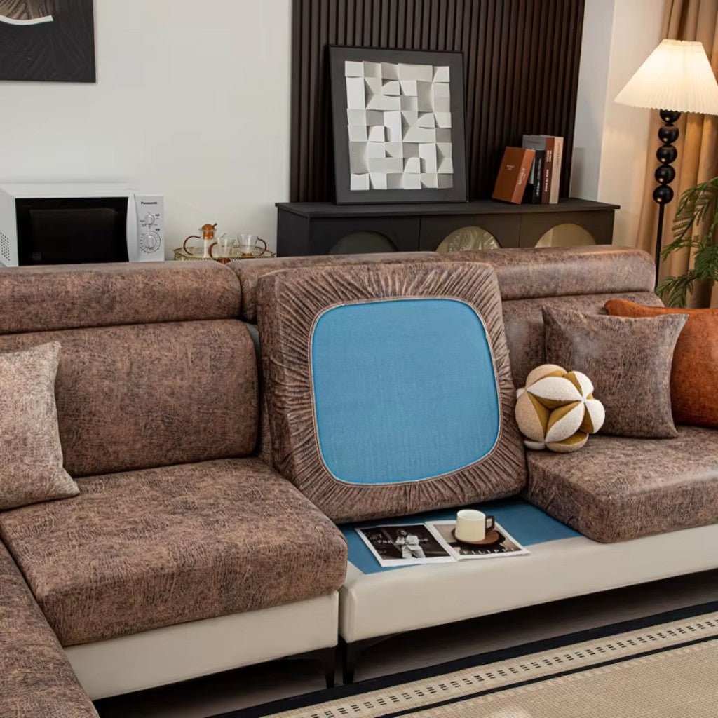 Sectional Sofa Cushion Slipcover, Vintage Leather Look, Four-Way Stretch, Hand Washable