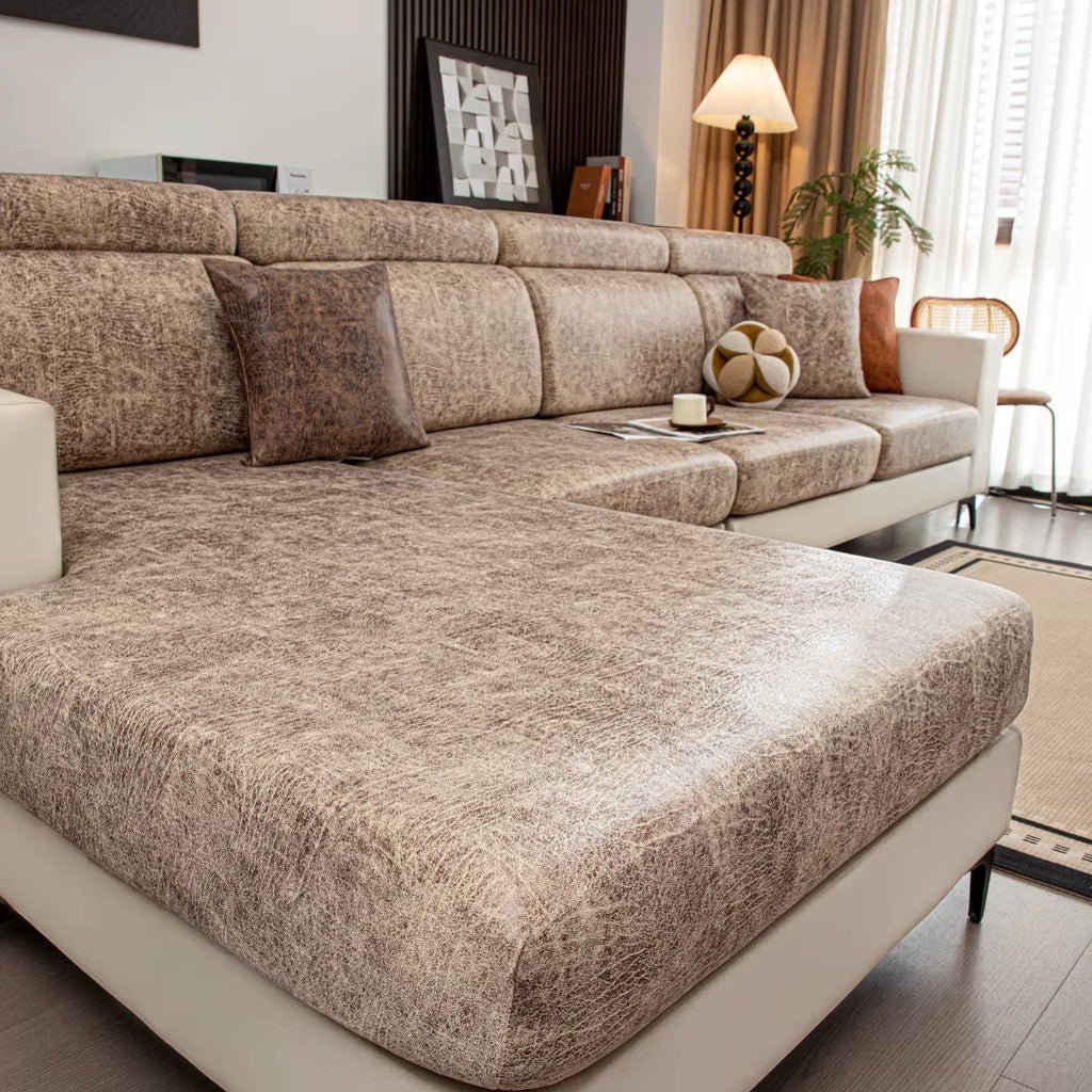 Sectional Sofa Cushion Slipcover, Vintage Leather Look, Four-Way Stretch, Hand Washable