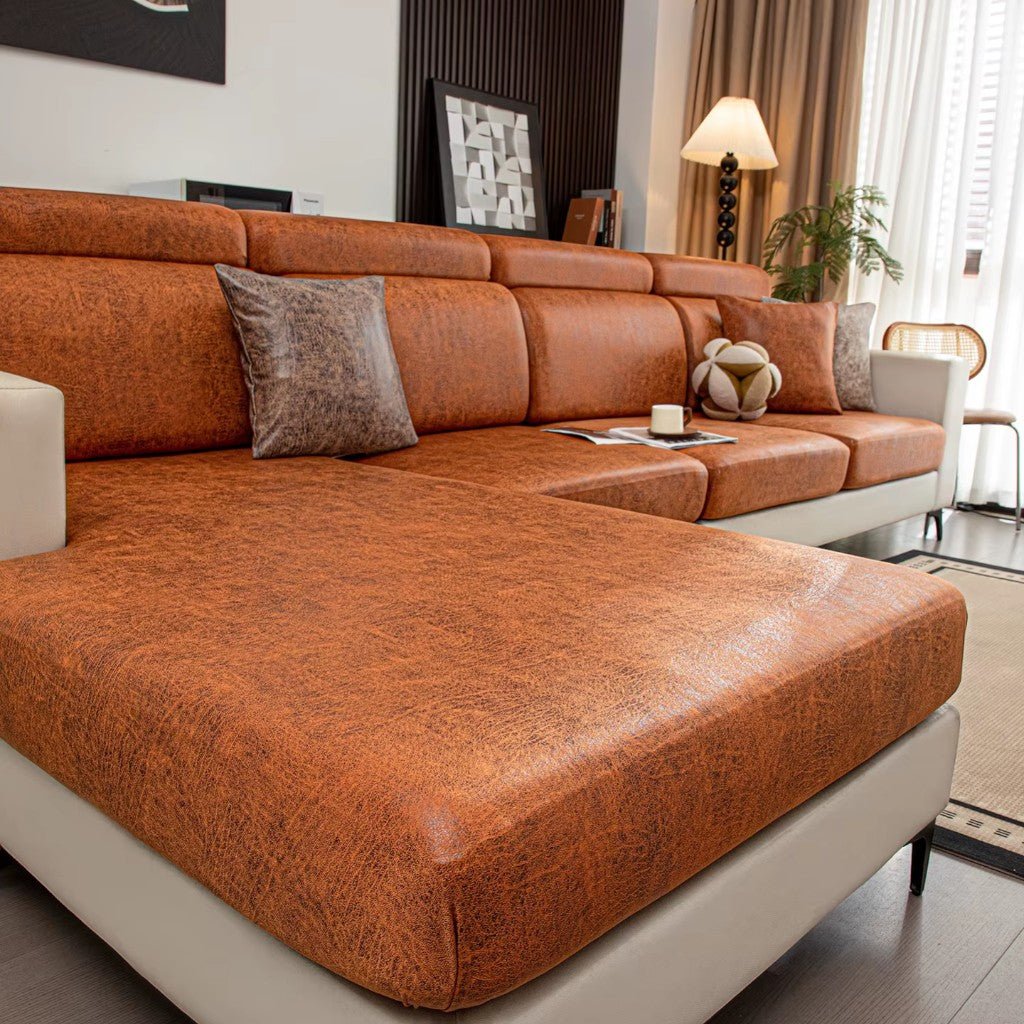 Sectional Sofa Cushion Slipcover, Vintage Leather Look, Four-Way Stretch, Hand Washable