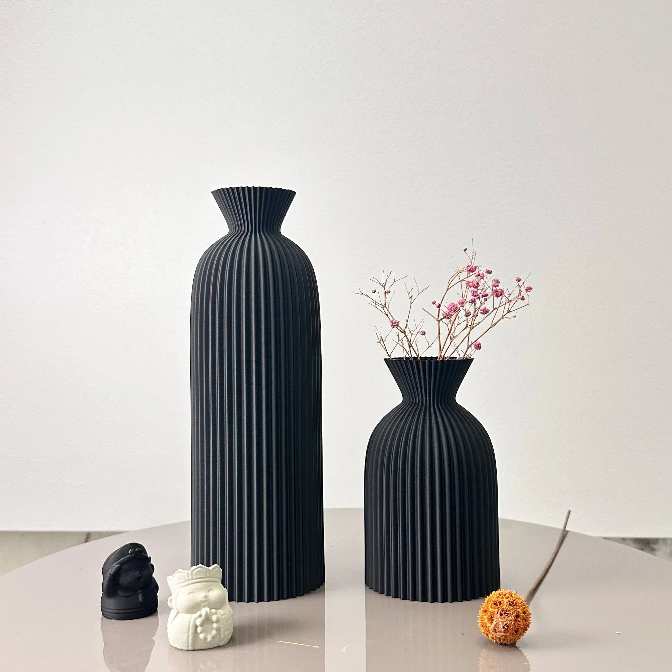 Vase Set, Striped Pattern, Black and Beige Color, 2 Piece Set
