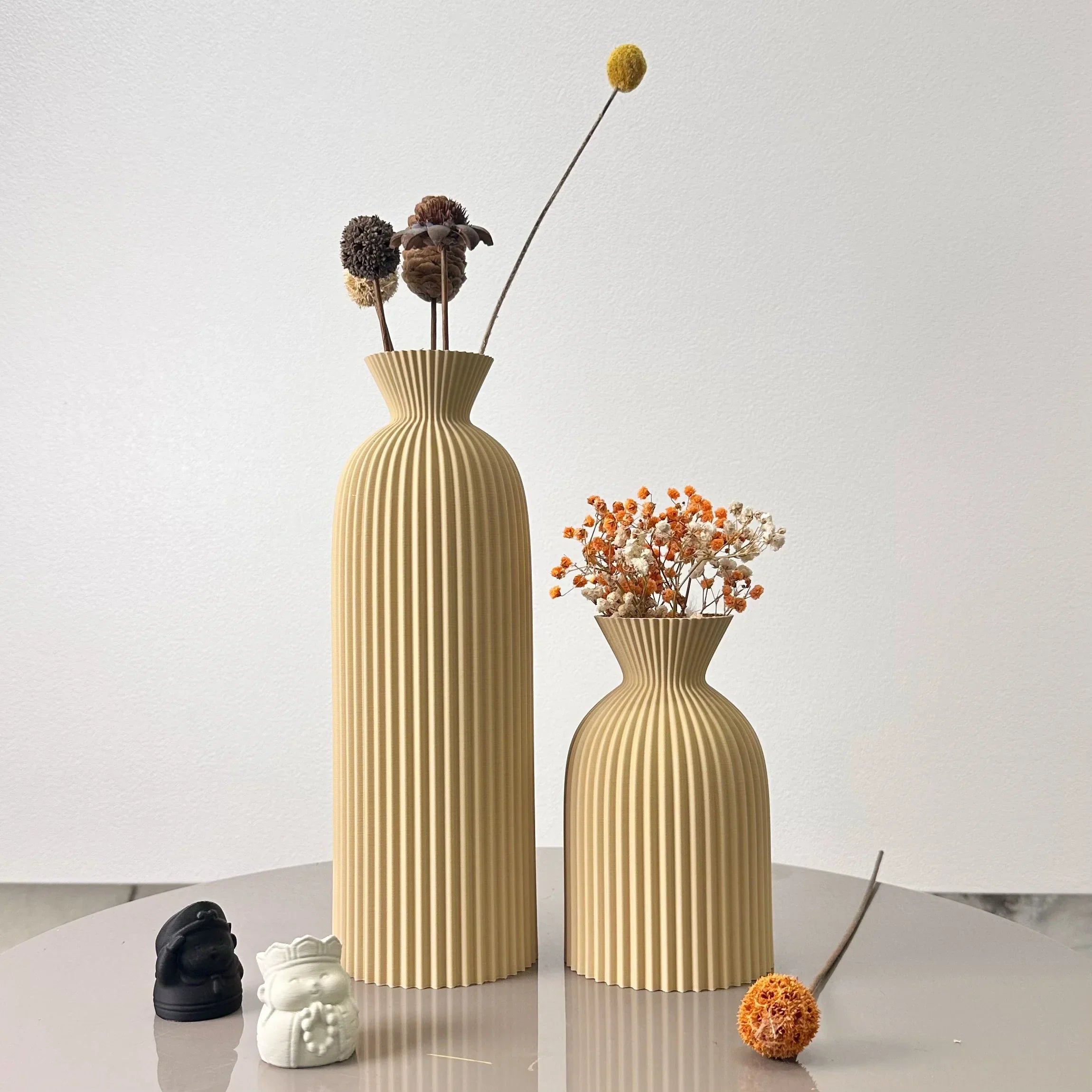 Vase Set, Striped Pattern, Black and Beige Color, 2 Piece Set