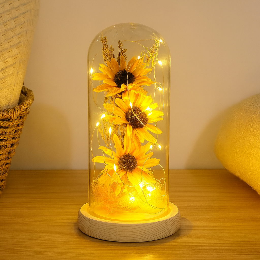Sunflower Table Lamp – Battery Powered with Dried Flowers and Solid Wood Base