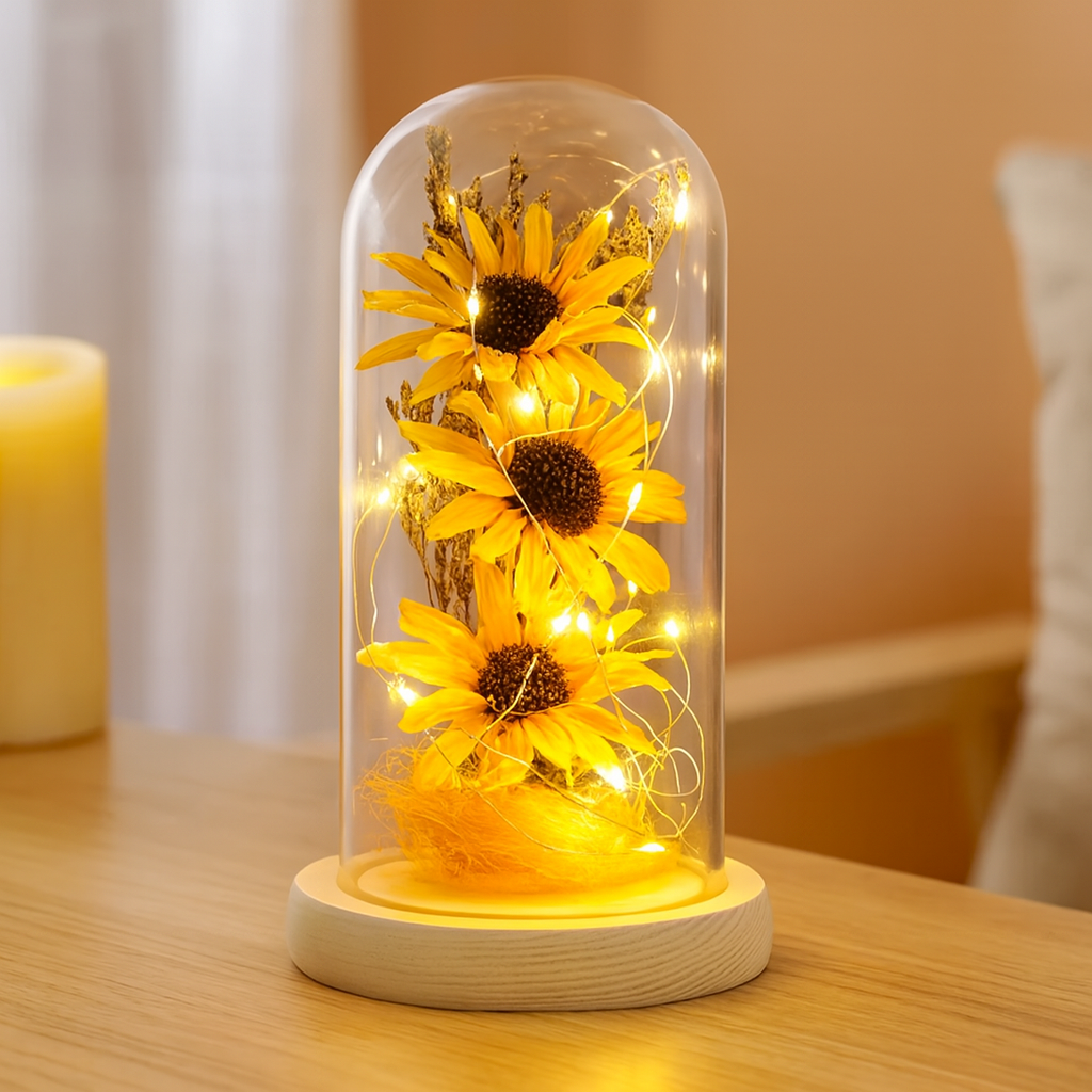 Sunflower Table Lamp – Battery Powered with Dried Flowers and Solid Wood Base