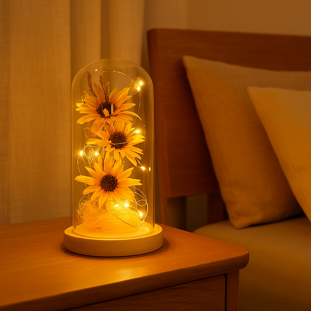 Sunflower Table Lamp – Battery Powered with Dried Flowers and Solid Wood Base
