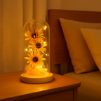 Sunflower Table Lamp – Battery Powered with Dried Flowers and Solid Wood Base