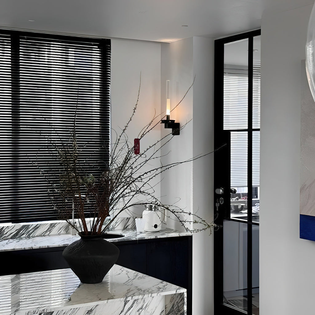 Glass Tube Wall Lamp, Glossy Black Iron Base